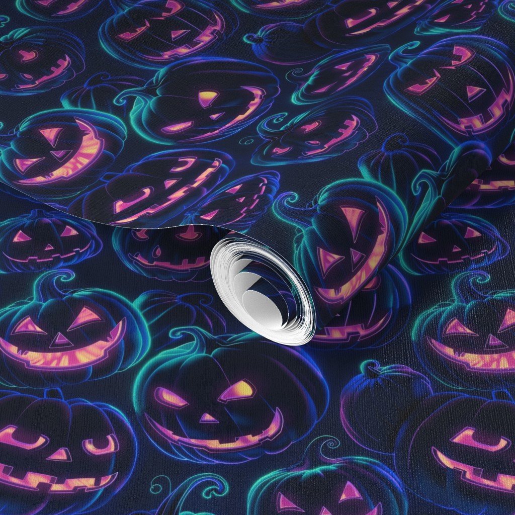 Neon Blue Halloween Pumpkins Glowing in the Dark Wallpaper purple illumination wallpaper