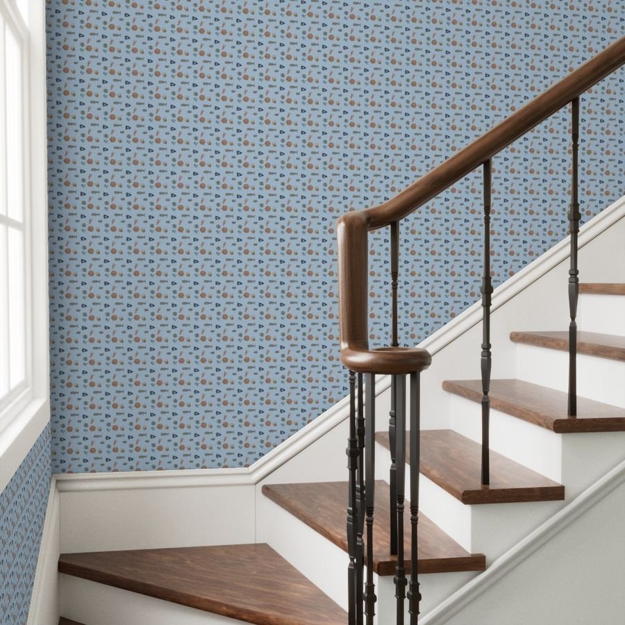 Nantucket Island Symbols and Motifs in Mini on Blue Wallpaper nantucket whales wallpaper