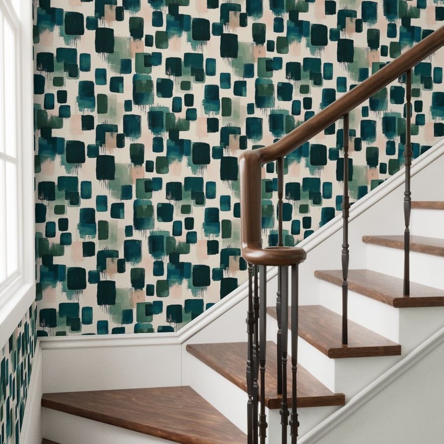 Large Abstract Earthy Brushstroke Blocks in Teal and Soft Peach Wallpaper decor wallpaper