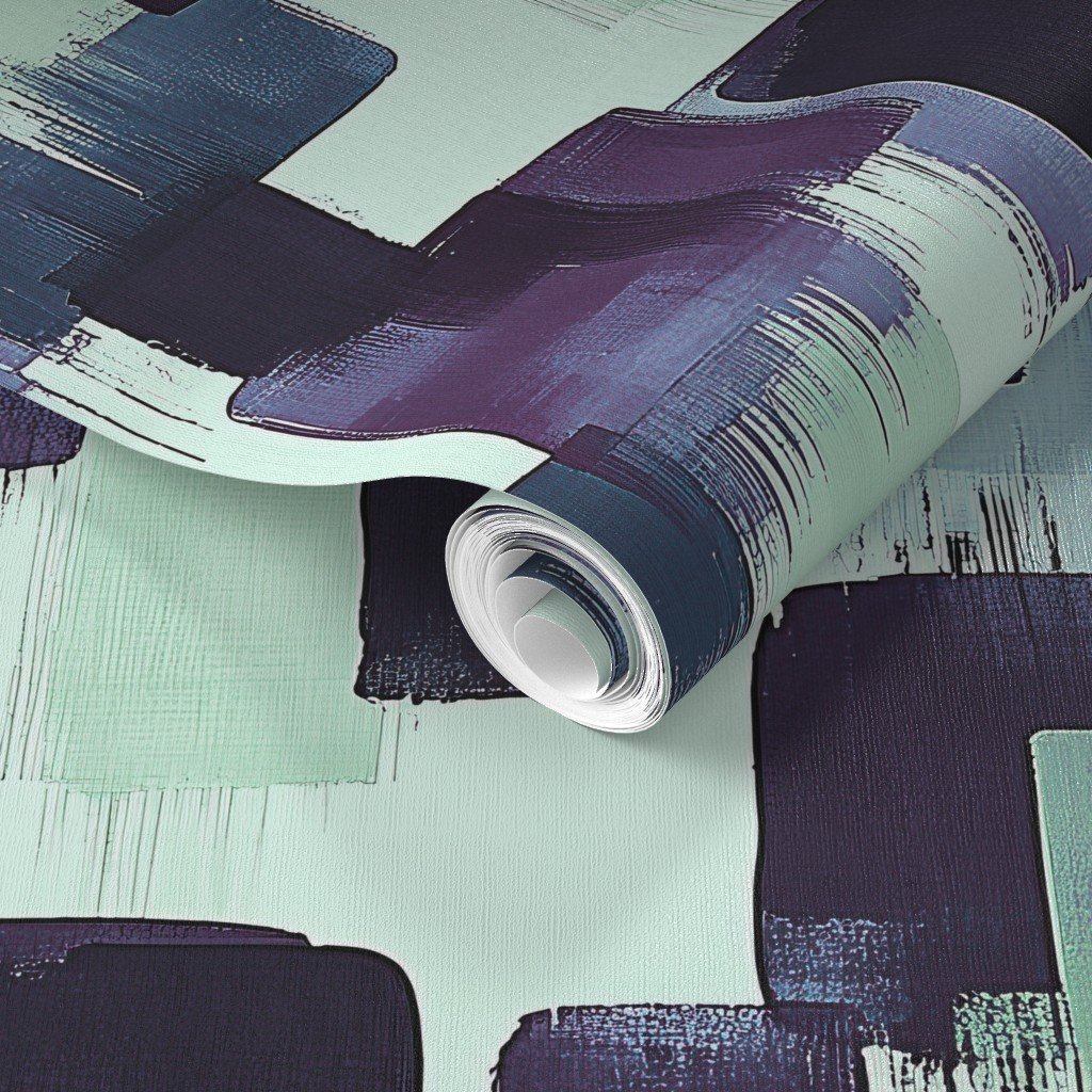 Large Abstract Brushstroke Blocks in Purple Teal and Cream Wallpaper contemporary wallpaper