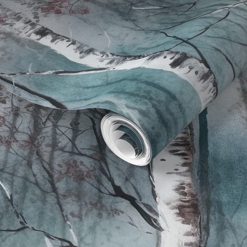 Endless Silver Birch Tree Dreamscape in Misty Teal and Soft Red Wallpaper forest wallpaper