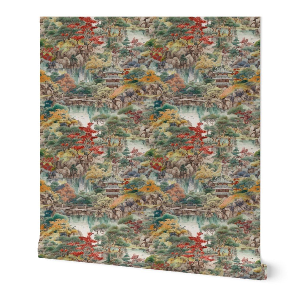 Small Japanese Water Garden Watercolor with Temples Home Styling Collection Design Collection yellow trees wallpaper
