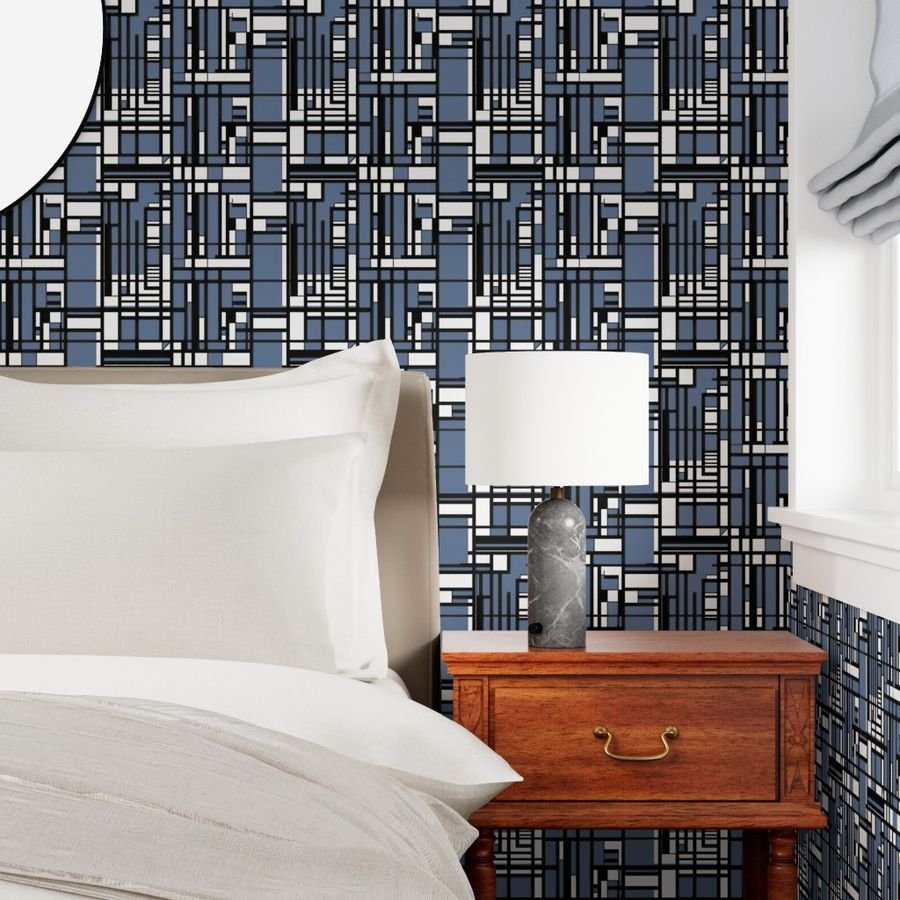 Slate Blue Modernist City Blocks Geometric Pattern Wallpaper abstract lines wallpaper