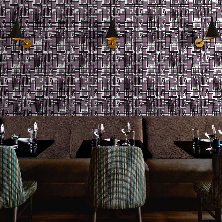 Mauve Modernist City Blocks Geometric Pattern Wallpaper black and white wallpaper