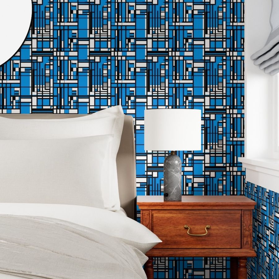 Cyan Blue Modernist City Blocks Geometric Pattern Wallpaper abstract lines wallpaper