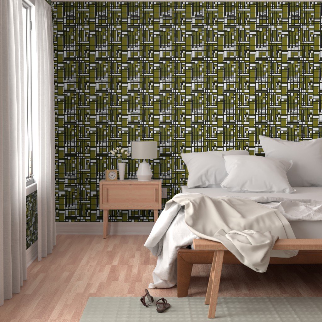 Olive Green Modernist City Blocks Geometric Pattern Wallpaper abstract lines wallpaper