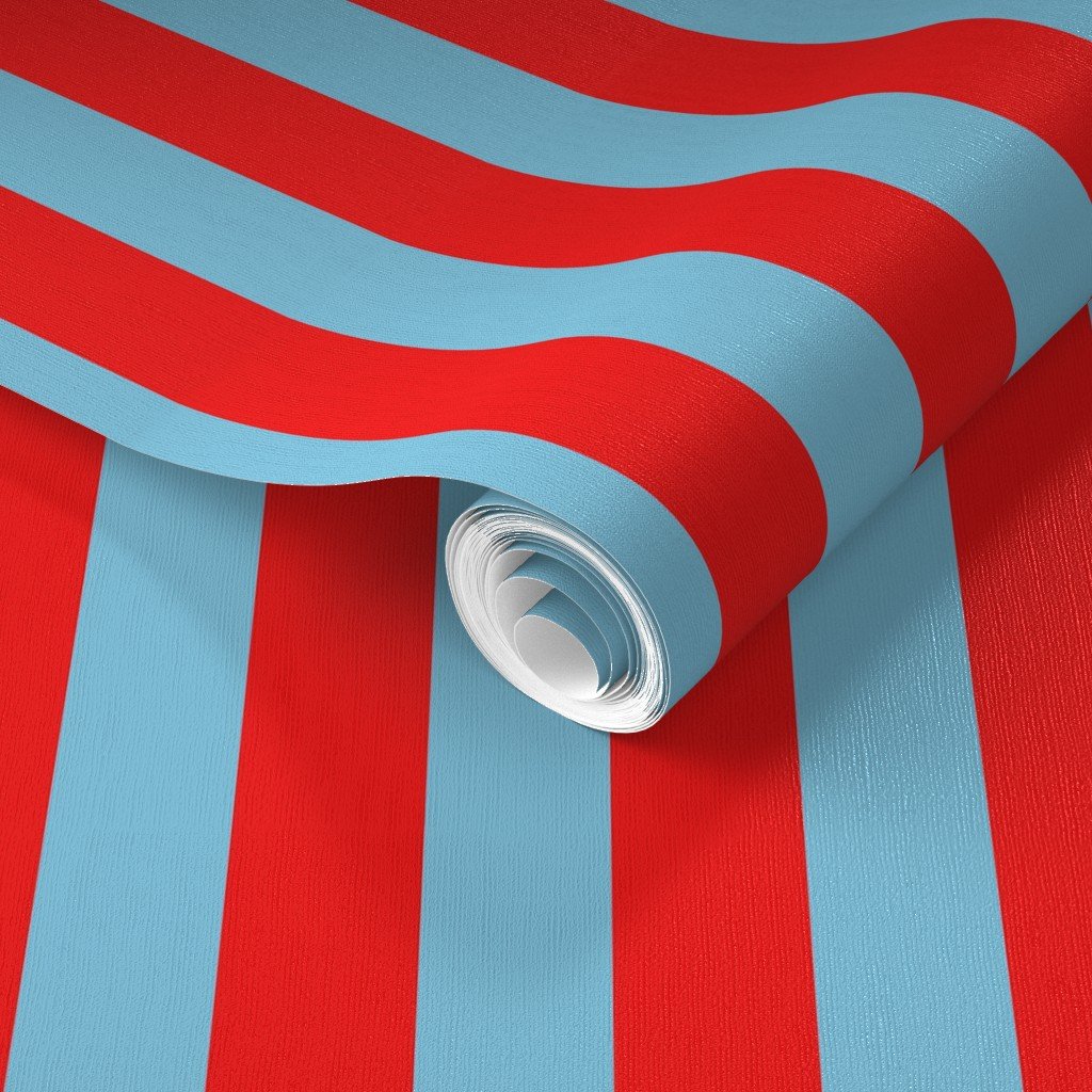 Bold Coastal Classic Red and Sky Blue Cabana Tent Stripe Wallpaper coastal wallpaper