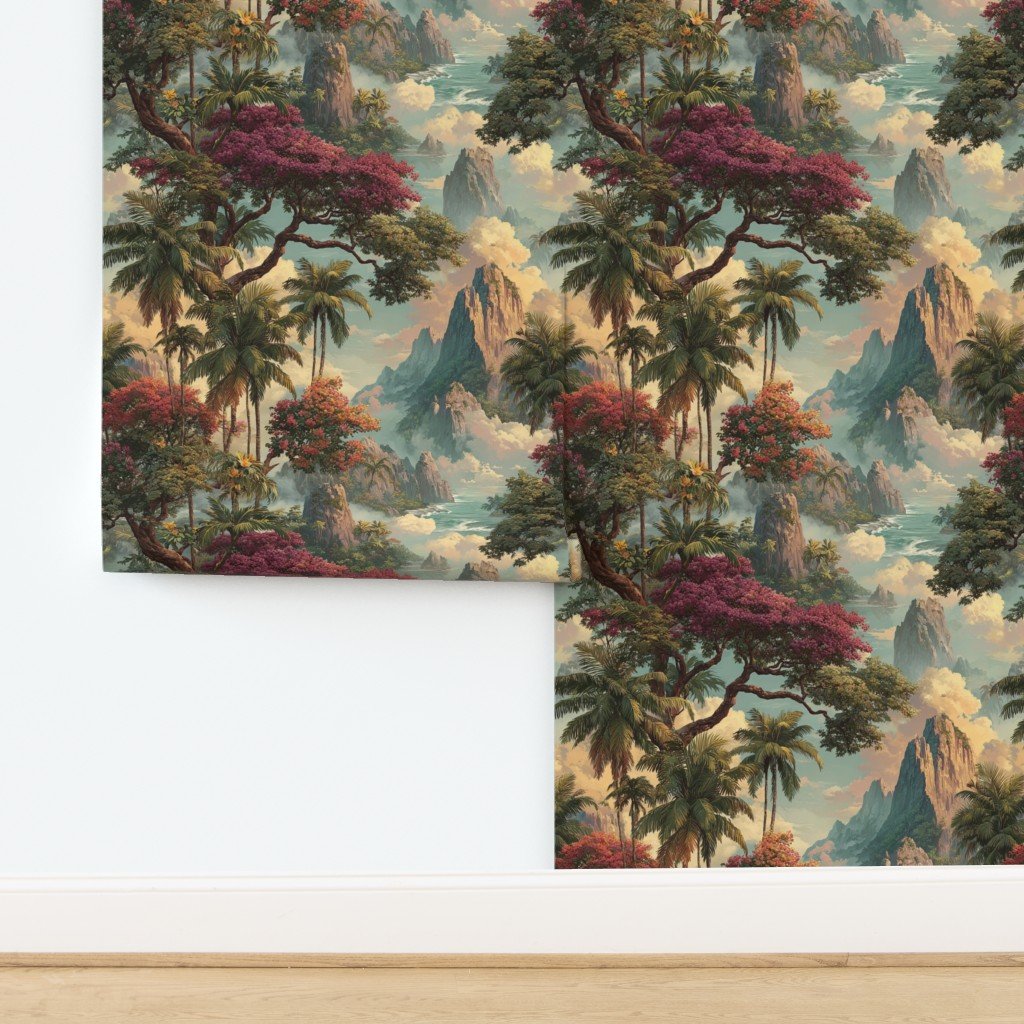 Vintage Hawaiian Watercolor Landscape with Misty Mountains and Palms Decor Collection Home Styling Collection hawaiian wallpaper