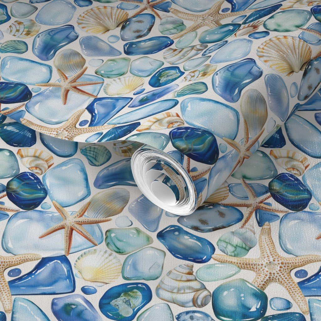 Watercolor Sea Glass Shells and Starfish Coastal Pattern in Ocean Wallpaper coastal wallpaper
