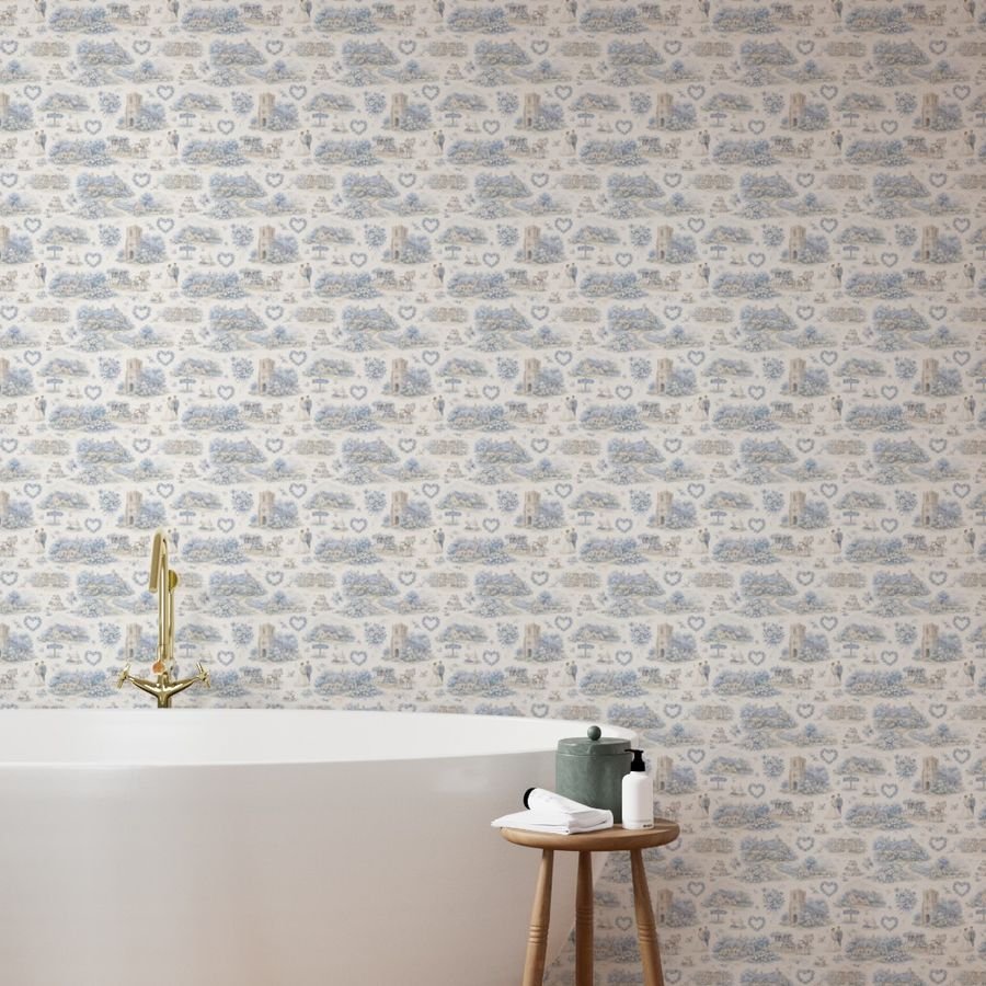 Blue English Village Wedding Toile Watercolor Pattern Wallpaper country wedding wallpaper