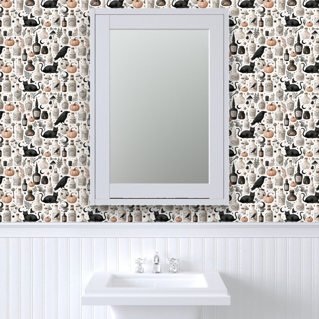 Vintage Halloween Apothecary Bottles with Black Cats Pumpkins and Wallpaper autumn wallpaper