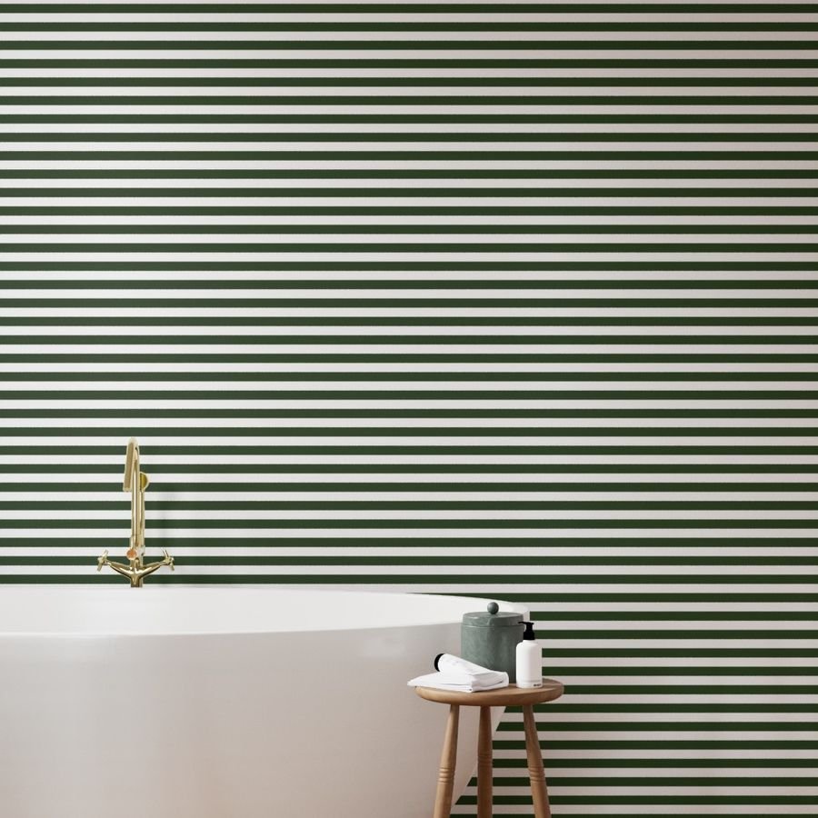 Forest Green and White Big 1-inch Beach Hut Horizontal Stripes Wallpaper green stripe wallpaper