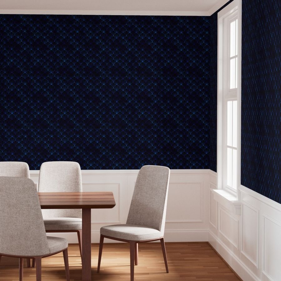 Scallop Shells in Black and Classic Blue Art Deco Vintage Faux Foil Wallpaper blue wallpaper