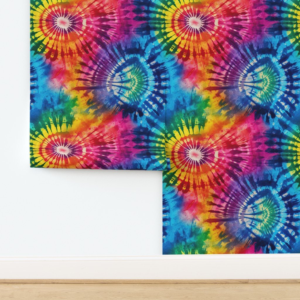 Jumbo Tie Dye Batik in Bright Multi Rainbow Colors Circling Swirls Wallpaper design