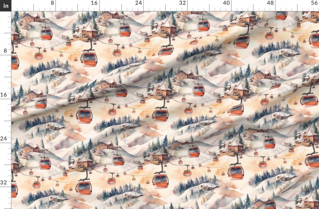 Vintage Ski Slope Cabins in Soft Pastels Fabric design