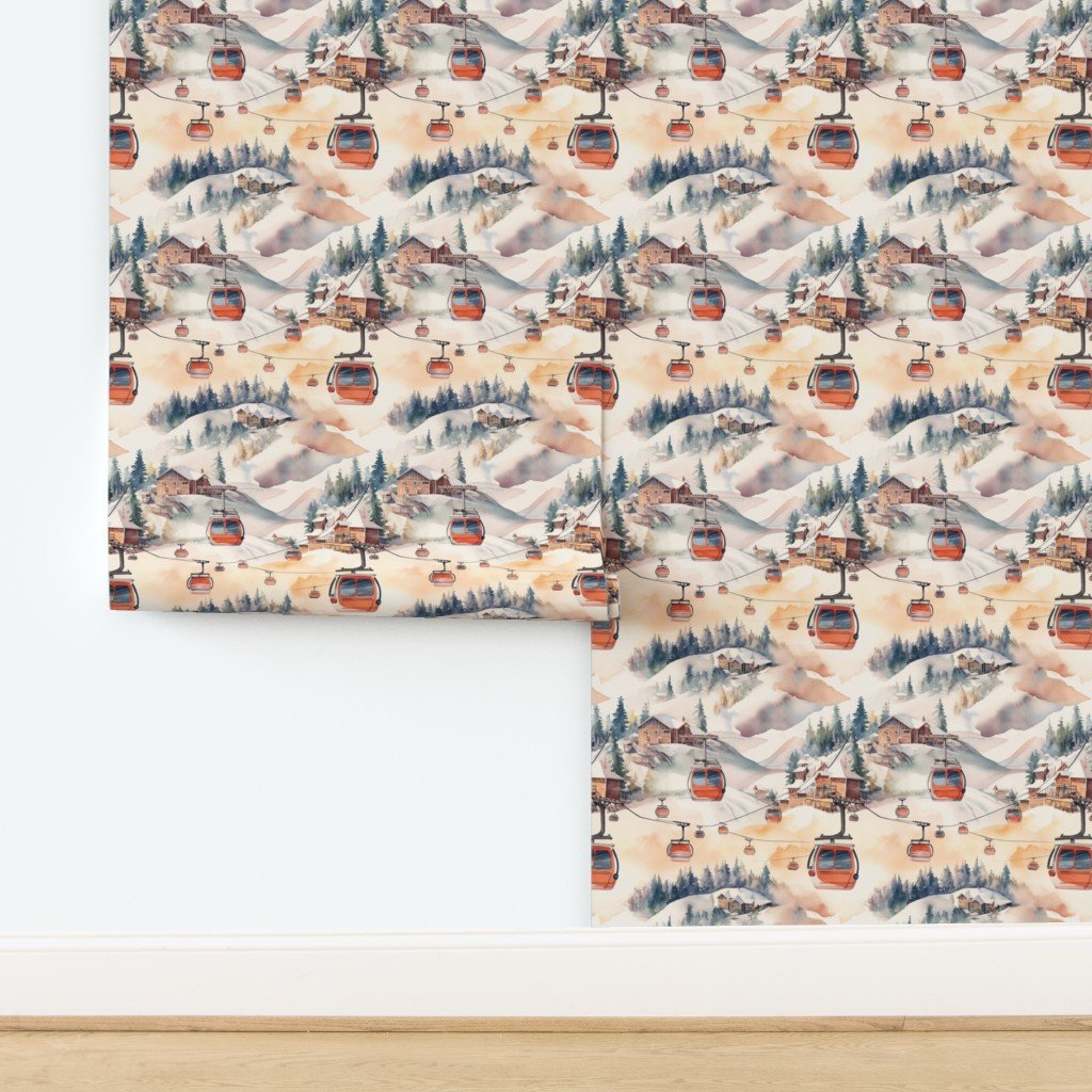 Vintage Ski Slope Cabins in Soft Pastels Wallpaper design