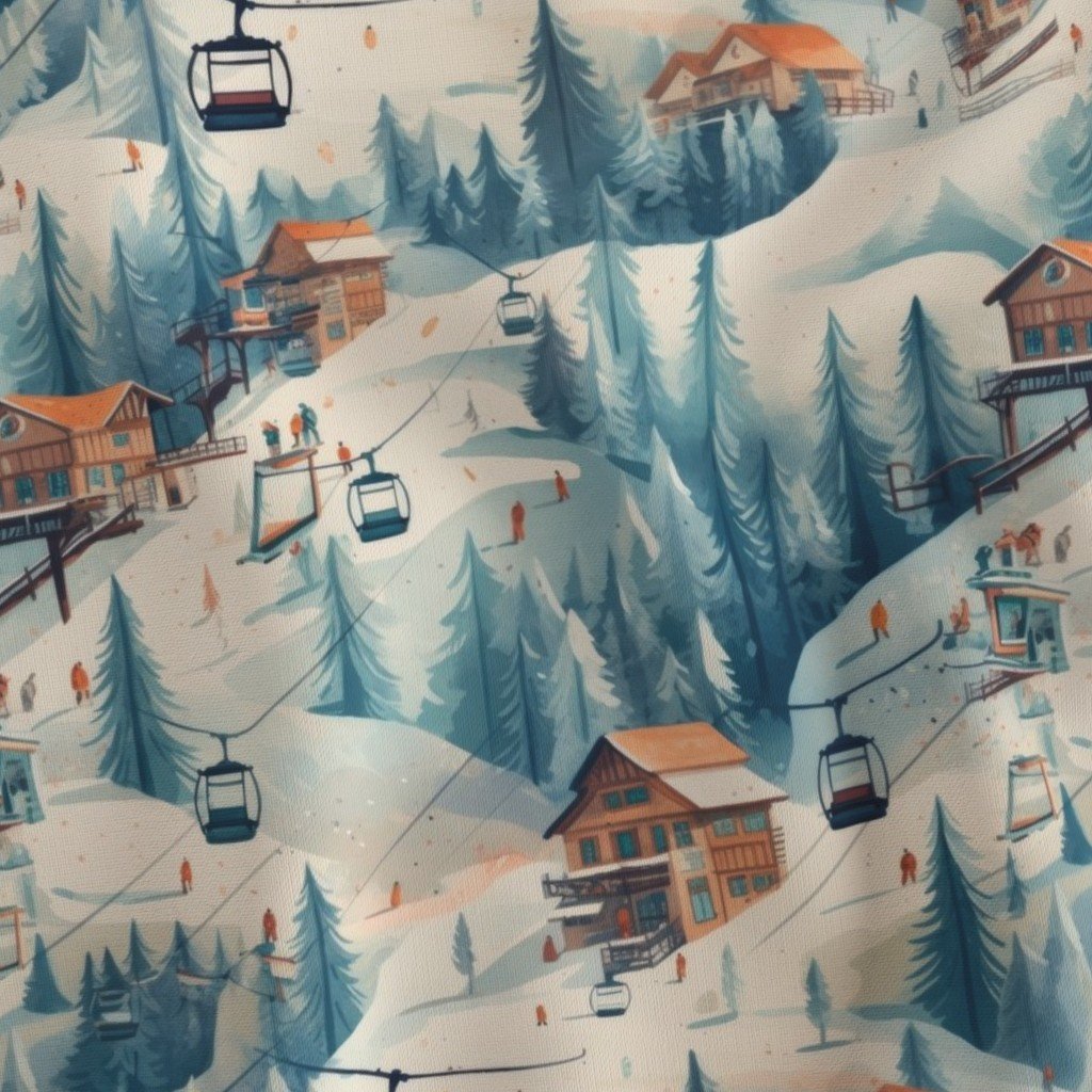 Vintage Ski Slope Cabins in Blue Woods Fabric blue ski slope fabric
