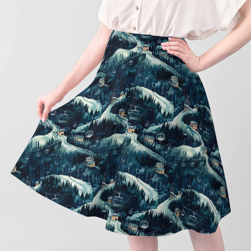 Vintage Ski Slope Cabins in Night Woods Blue Fabric blue ski slope fabric