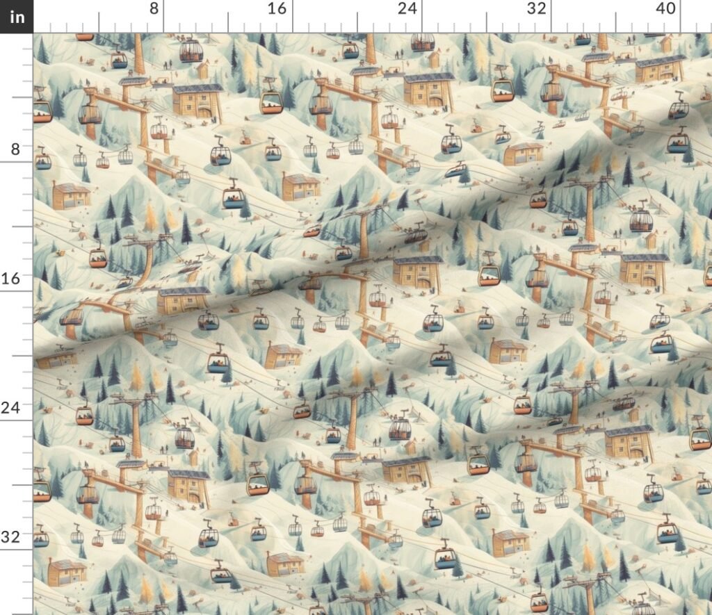 Vintage Ski Slope Cabins in Soft Pastels Fabric design