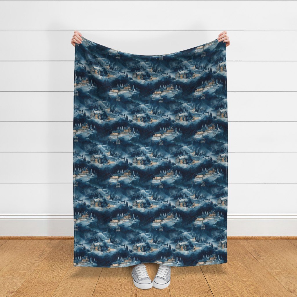 Charming vintage print of ski slope in blue at night Fabric blue ski slope fabric