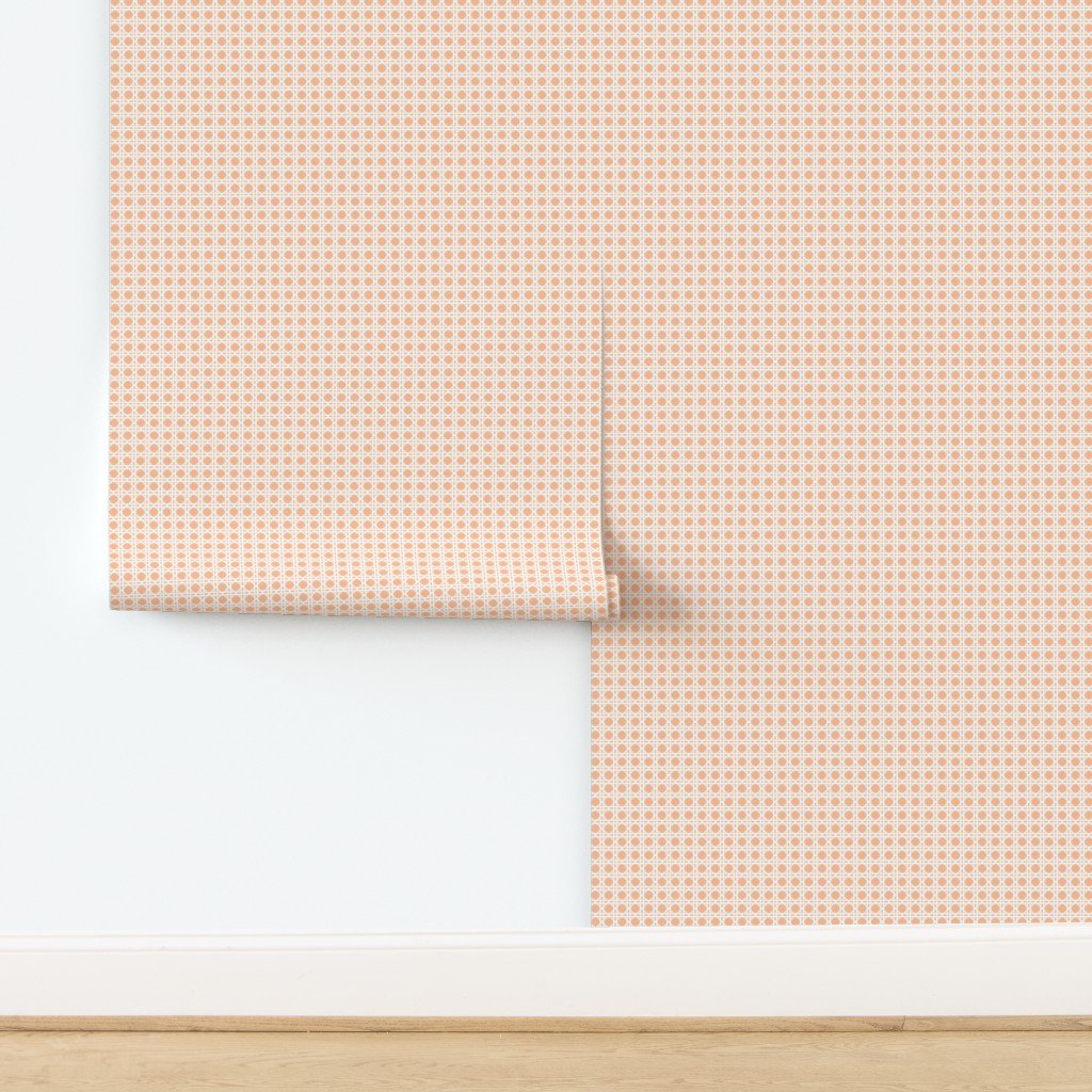 White Caning Wicker Rattan Pattern on Peach Fuzz Color of the Year 2024 Wallpaper design
