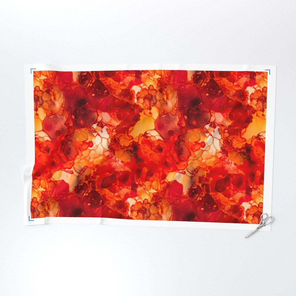 Sunset Orange and Red with Rose Gold Alcohol Ink Liquid Swirls Fabric alcohol ink fabric