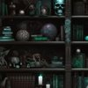 Spooky Photo realistic Dark Academia Bookshelves in Aqua with Glowing