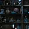 Spooky Photo realistic Dark Academia Bookshelves in Blue with Glowing