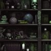 Spooky Photo realistic Dark Academia Bookshelves in Green with Glowing
