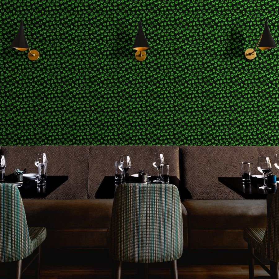 Mini Grinning Halloween Jack o Lantern Faces in Neon Green on Black Wallpaper green faces wallpaper