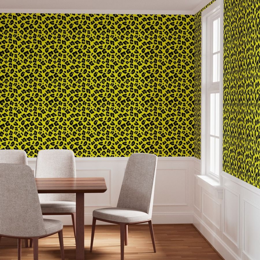 Jumbo Leopard Spots Animal Repeat Pattern Print in Yellow and Black Wallpaper animal pattern wallpaper