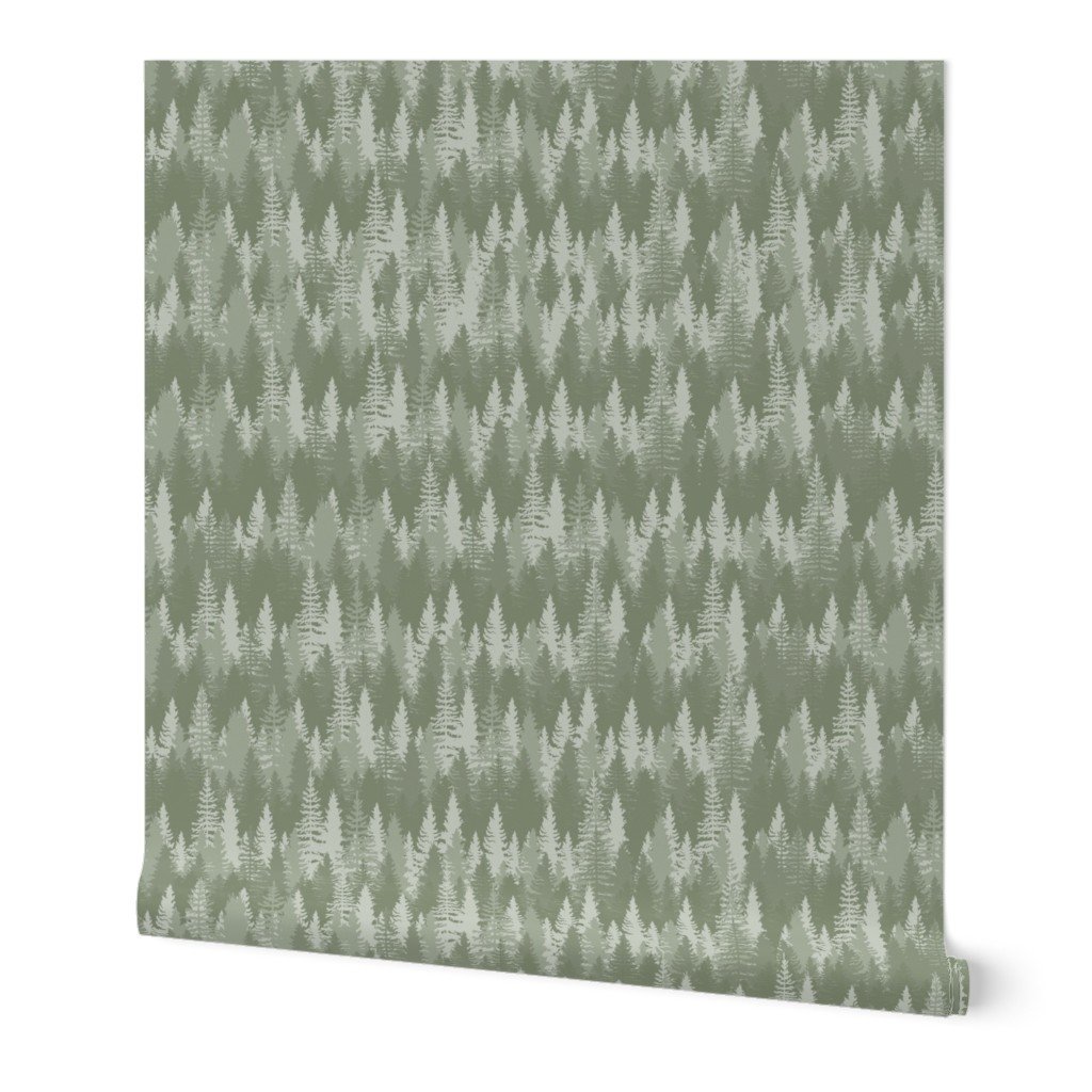Endless Evergreen Forest with Fir Trees in Shades of Sage Green Wallpaper balsam tree wallpaper