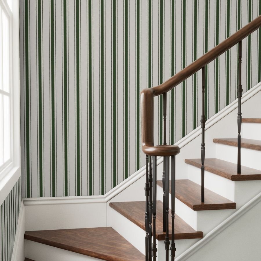 Forest Green Antique Vintage Mattress Ticking Stripe on Cream Wallpaper antique stripe wallpaper
