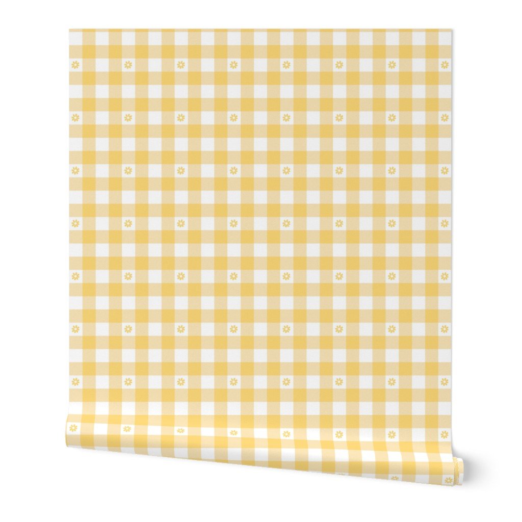 Buttercup Yellow and White Gingham Check with Center Floral Medallions in Home Decor Collection Home Styling Collection floral medallion wallpaper