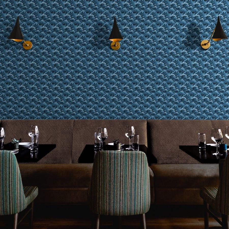 Japanese Woodcut Big Tsunami Waves in Shades of Mid-Blue Wallpaper tsunami wave wallpaper