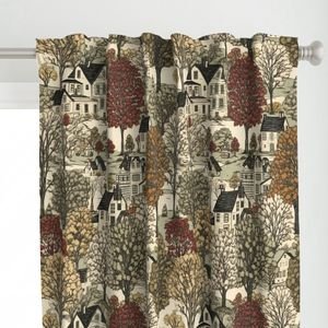 New England Village Houses with Trees in Muted Colors Home Styling Collection Decor Collection new england forest curtain design