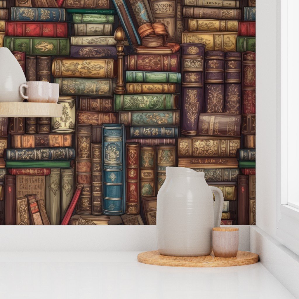 Stacked Bound Vintage Books on Library Book Shelf Decor Collection Home Decor Collection life-size books wallpaper
