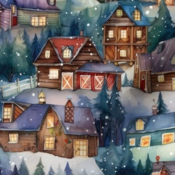 Small Christmas Rustic Country Winter Cabins Watercolor Home Decor Collection Decor Collection christmas cabins fabric design