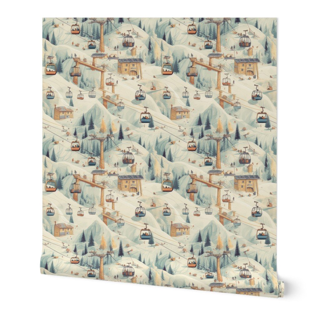 Vintage Ski Slope Cabins in Soft Pastels Wallpaper ski print wallpaper