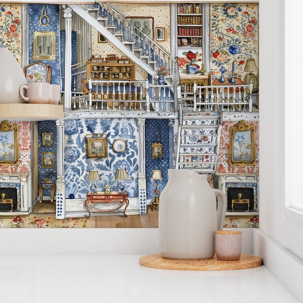 Victorian Dollshouse with Period Decor in Watercolor 2 Interior Collection Decor Collection dolls house decor wallpaper