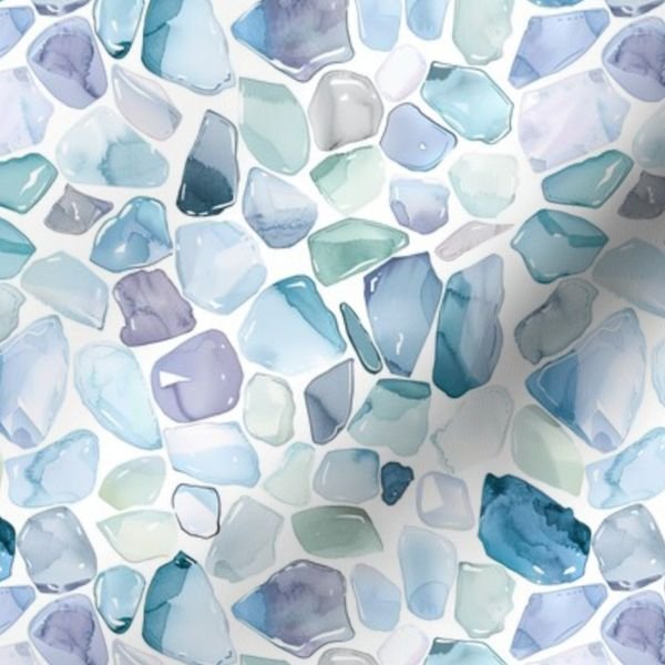 Small Blue and Lilac Shards of Tumbled and Scattered Watercolor Seaglass Decor Collection Home Styling Collection artistic pattern fabric design
