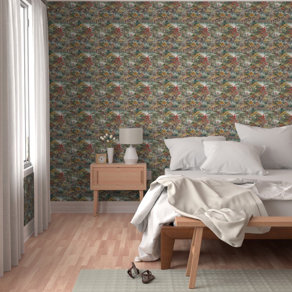 Small Japanese Water Garden Watercolor with Temples Home Styling Collection Design Collection autumn wallpaper