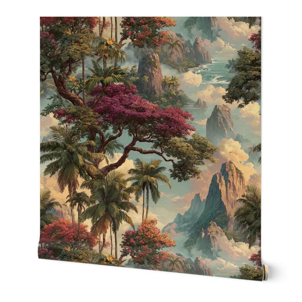 Vintage Hawaiian Watercolor Landscape with Misty Mountains and Palms Decor Collection Home Styling Collection island wallpaper
