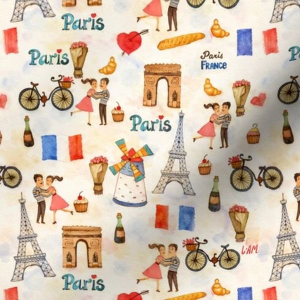 Adorable Whimsical Watercolor Paris Motifs with Eiffel Tower Interior Collection Home Decor Collection arc de triomphe fabric design
