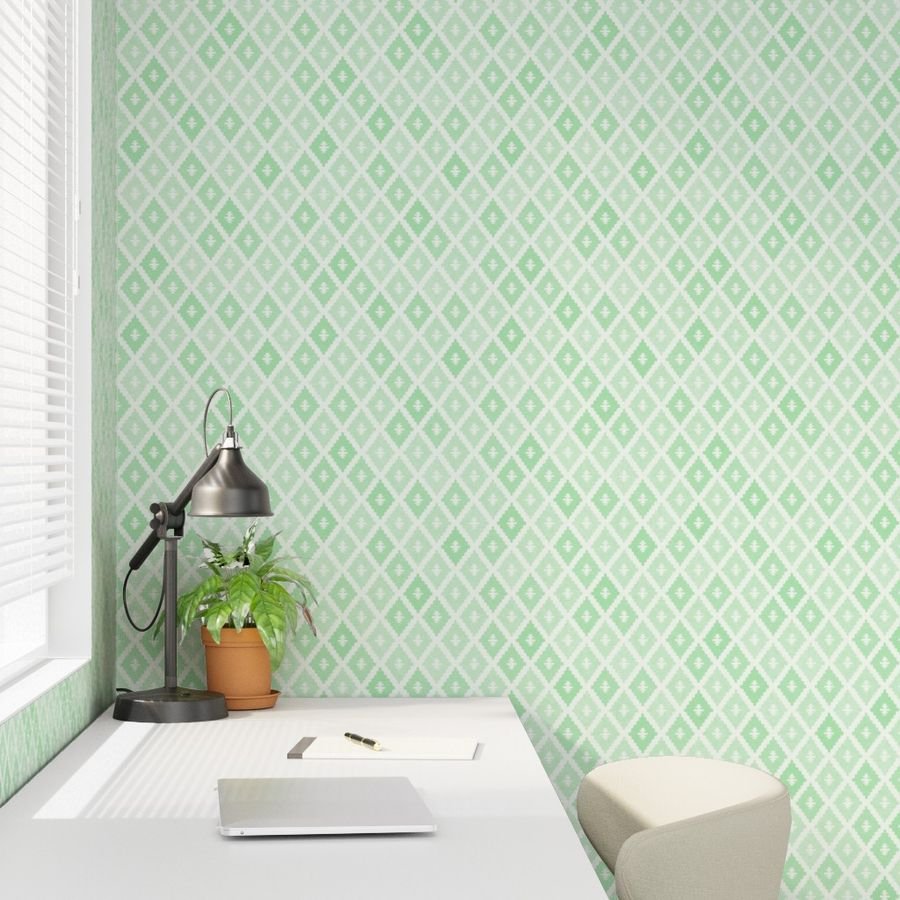 Small Sun Faded Mediterranean Diamond Pattern in Seafoam Mint Green Design Collection Interior Collection soft green wallpaper
