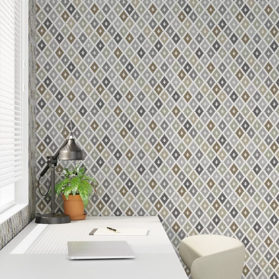 Small Weathered Olive Sage Diamond Pattern in Charcoal and Sand Home Styling Collection Home Decor Collection olive beige wallpaper