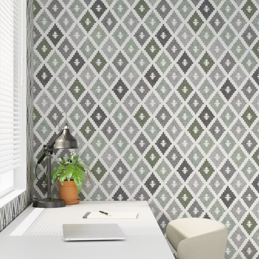 Large Weathered Sage Green Diamond Pattern in Charcoal Gray Interior Collection Decor Collection faded eucalyptus wallpaper