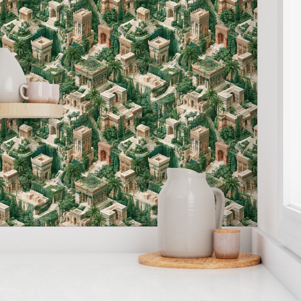 Hanging Gardens Of Babylon Watercolor Architectural Landscape Isometric Home Decor Collection Home Styling Collection architecture wallpaper