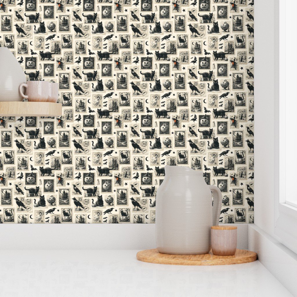 Vintage Halloween Postage Stamps with Black Cats and Pumpkins Design Collection Decor Collection autumn wallpaper