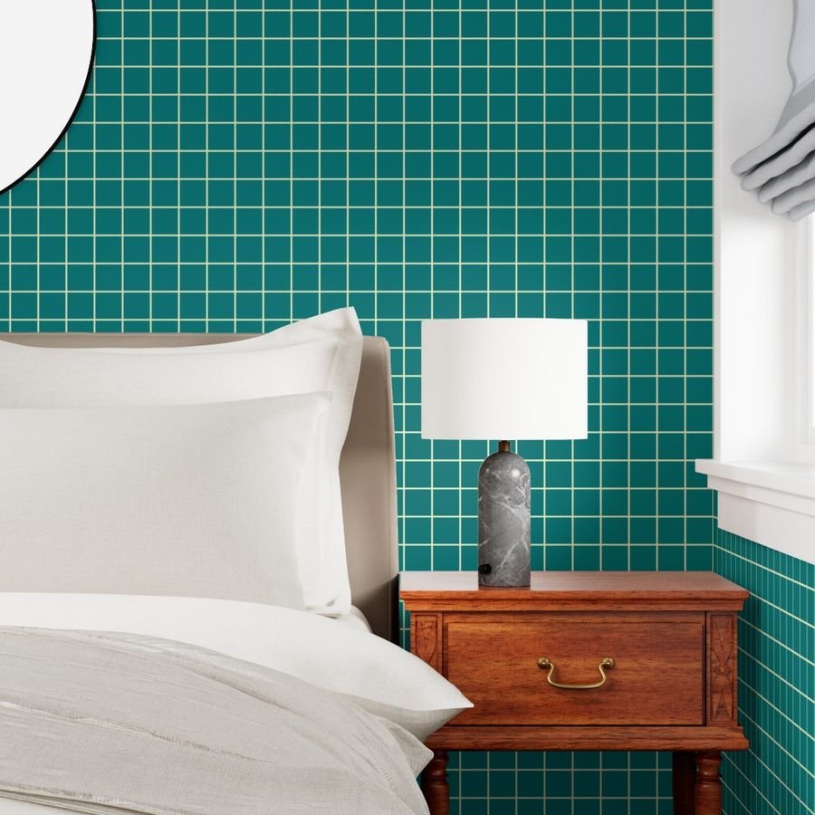 Classic Cream White and Teal 2 Inch Grid Interior Collection Home Styling Collection cool tone wallpaper